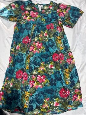 Girls' Teal Tropical Floral Pull-On Dress with Pink & Yellow Blooms